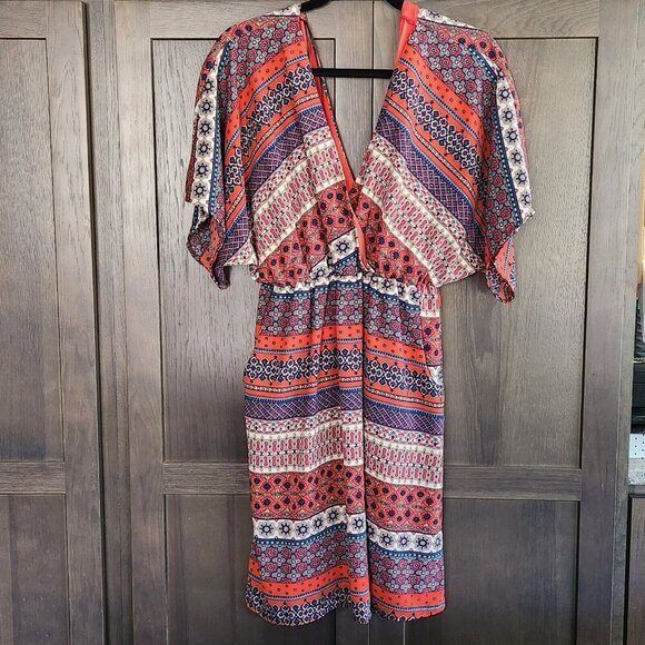 Boho V-Neck Plunge Summer Dress Kimono Sleeve Pockets Multi-Color Print - Picture 14 of 14